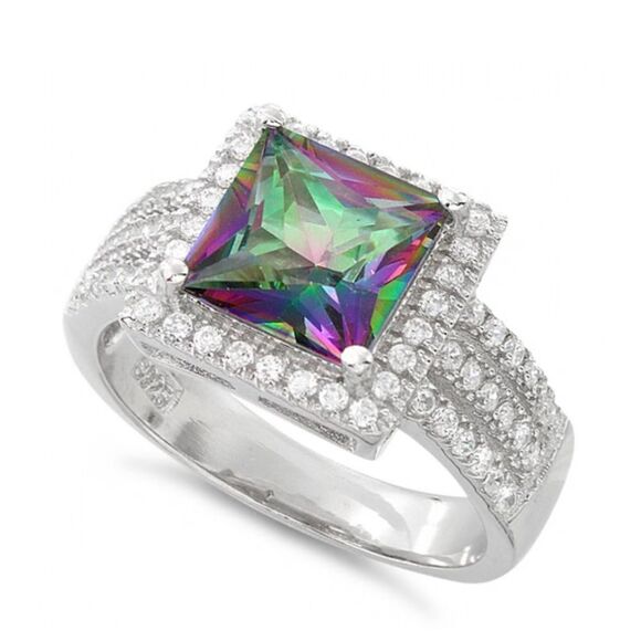 No Brand Jewelry - Rainbow Mystic Topaz CZ Princess Cut Ring Sterling Silver New